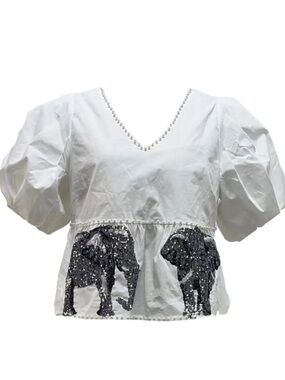 Queen of Sparkles White Elephant Sequin Peplum Top Small Cotton V-Neck Blouse